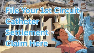 File Your 1st Circuit Catheter Settlement Claim Here text on depiction of First Circuit court with port implant patient and high-value cash backdrop.