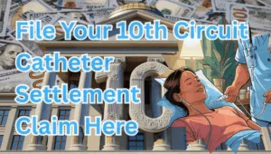 File Your 10th Circuit Catheter Settlement Claim Here text on depiction of Tenth Circuit court with port implant patient and high-value cash backdrop.