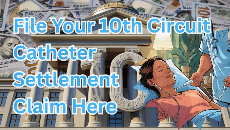 File Your 10th Circuit Catheter Settlement Claim Here text on depiction of Tenth Circuit court with port implant patient and high-value cash backdrop.