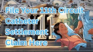 File Your 11th Circuit Catheter Settlement Claim Here text on depiction of Eleventh Circuit court with port implant patient and high-value cash backdrop.