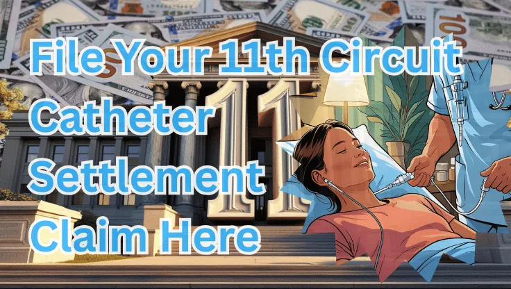 File Your 11th Circuit Catheter Settlement Claim Here text on depiction of Eleventh Circuit court with port implant patient and high-value cash backdrop.