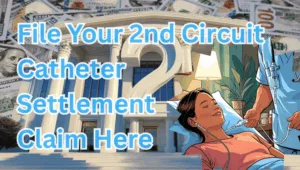 File Your 2nd Circuit Catheter Settlement Claim Here text on depiction of Second Circuit court with port implant patient and high-value cash backdrop.