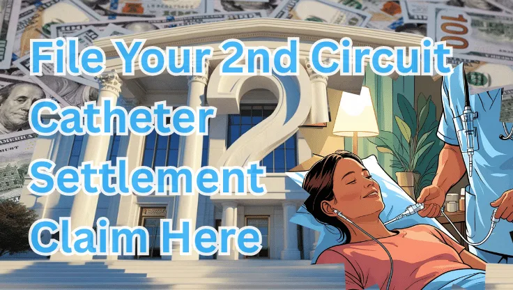 File Your 2nd Circuit Catheter Settlement Claim Here text on depiction of Second Circuit court with port implant patient and high-value cash backdrop.