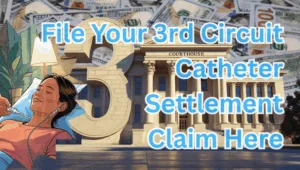 File Your 3rd Circuit Catheter Settlement Claim Here text on depiction of Third Circuit court with port implant patient and high-value cash backdrop.