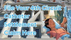 File Your 4th Circuit Catheter Settlement Claim Here text on depiction of Fourth Circuit court with port implant patient and high-value cash backdrop.
