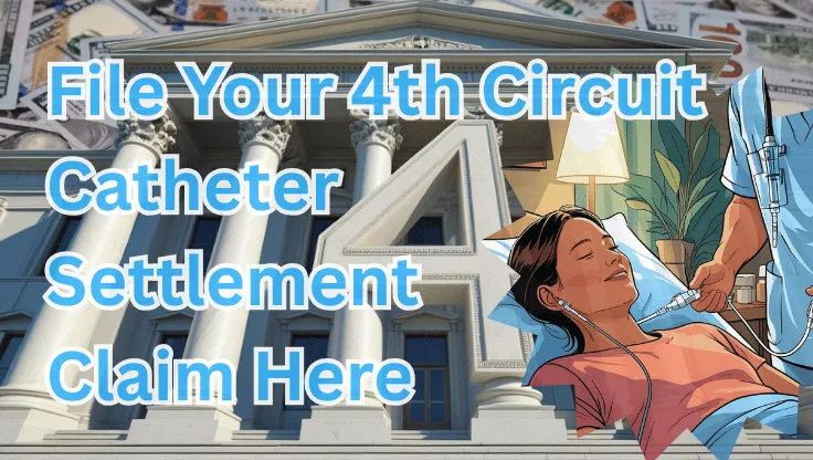 File Your 4th Circuit Catheter Settlement Claim Here text on depiction of Fourth Circuit court with port implant patient and high-value cash backdrop.