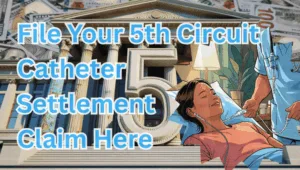 File Your 5th Circuit Catheter Settlement Claim Here text on depiction of Fifth Circuit court with port implant patient and high-value cash backdrop.