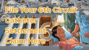 File Your 6th Circuit Catheter Settlement Claim Here text on depiction of Sixth Circuit court with port implant patient and high-value cash backdrop.