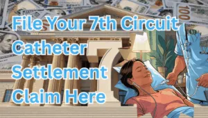 File Your 7th Circuit Catheter Settlement Claim Here text on depiction of Seventh Circuit court with port implant patient and high-value cash backdrop.