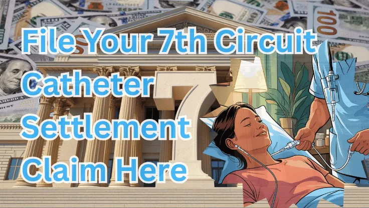 File Your 7th Circuit Catheter Settlement Claim Here text on depiction of Seventh Circuit court with port implant patient and high-value cash backdrop.