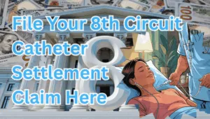 File Your 8th Circuit Catheter Settlement Claim Here text on depiction of Eighth Circuit court with port implant patient and high-value cash backdrop.