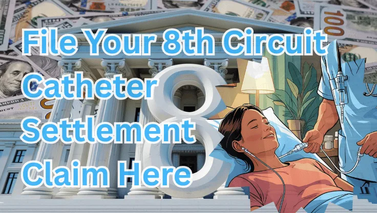 File Your 8th Circuit Catheter Settlement Claim Here text on depiction of Eighth Circuit court with port implant patient and high-value cash backdrop.