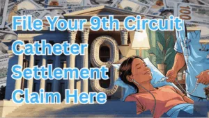 File Your 9th Circuit Catheter Settlement Claim Here text on depiction of Ninth Circuit court with port implant patient and high-value cash backdrop.