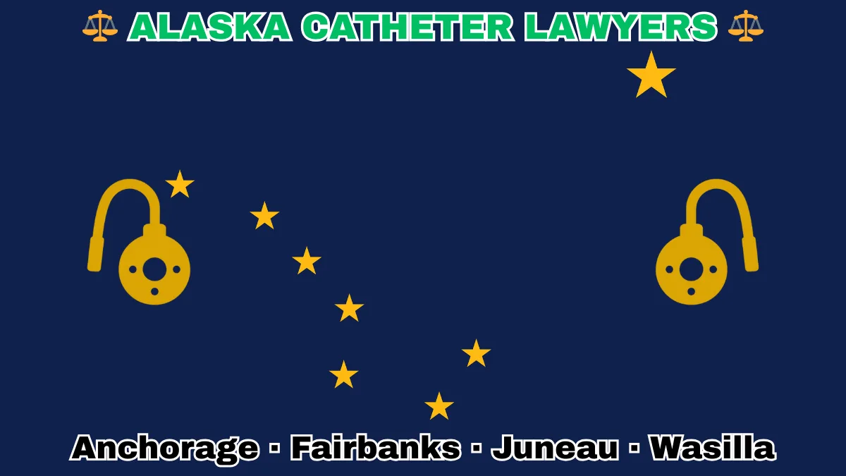 ALASKA CATHETER LAWYERS: Anchorage, Fairbanks, Juneau, and Wasilla text on AK state flag adorned with port implants depicted on a blue field near the Big Dipper and North Star.