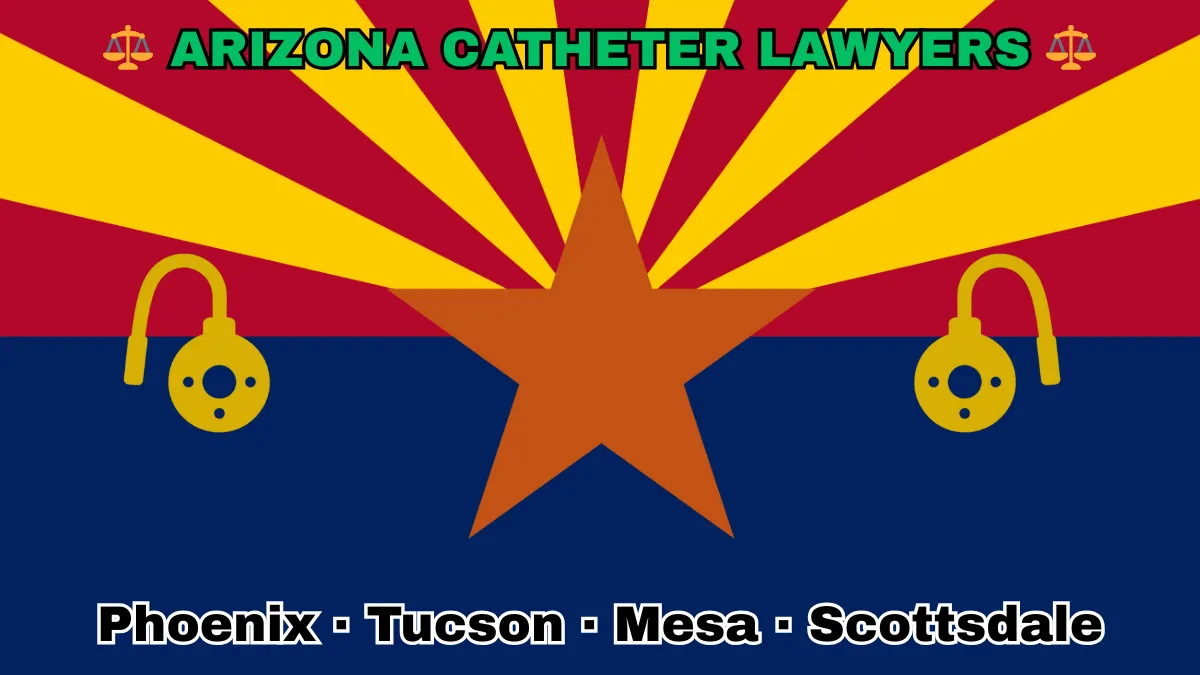 ARIZONA CATHETER LAWYERS: Phoenix, Tucson, Mesa, and Scottsdale text on AZ state flag adorned with port implants depicted near red and yellow rays with a copper star above a blue field