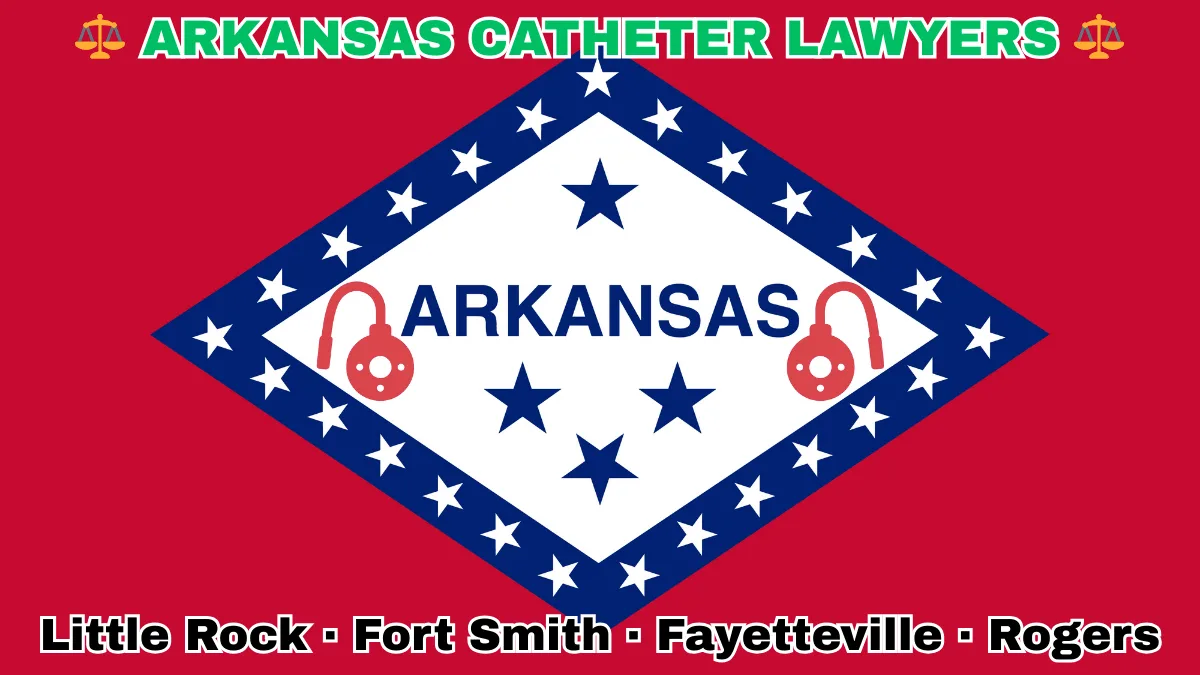ARKANSAS CATHETER LAWYERS: Little Rock, Fort Smith, Fayetteville, and Rogers text on AR state flag adorned with port implants depicted on a diamond-shaped border lined with stars