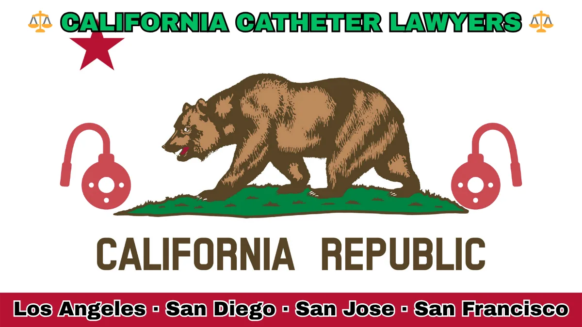 CALIFORNIA CATHETER LAWYERS: Los Angeles, San Diego, San Jose, and San Francisco text on CA state flag adorned with port implants depicted near a grizzly bear and red star.