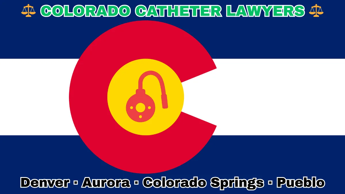 COLORADO CATHETER LAWYERS: Denver, Aurora, Colorado Springs, and Pueblo text on CO state flag adorned with port implants depicted near an old red "C" with a golden circle on blue and white stripes