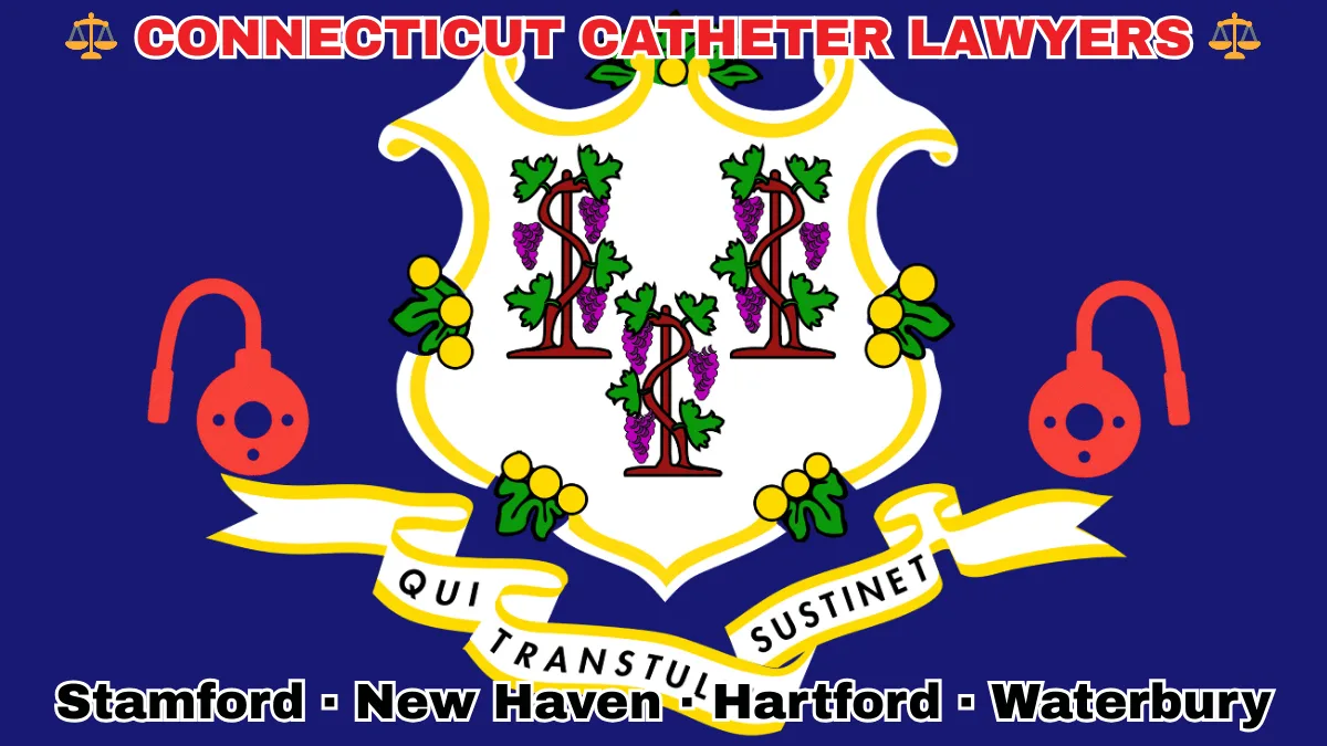 CONNECTICUT CATHETER LAWYERS: Stamford, New Haven, Hartford, and Waterbury text on CT state flag adorned with port implants depicted on a blue field near a white shield and three grapevines