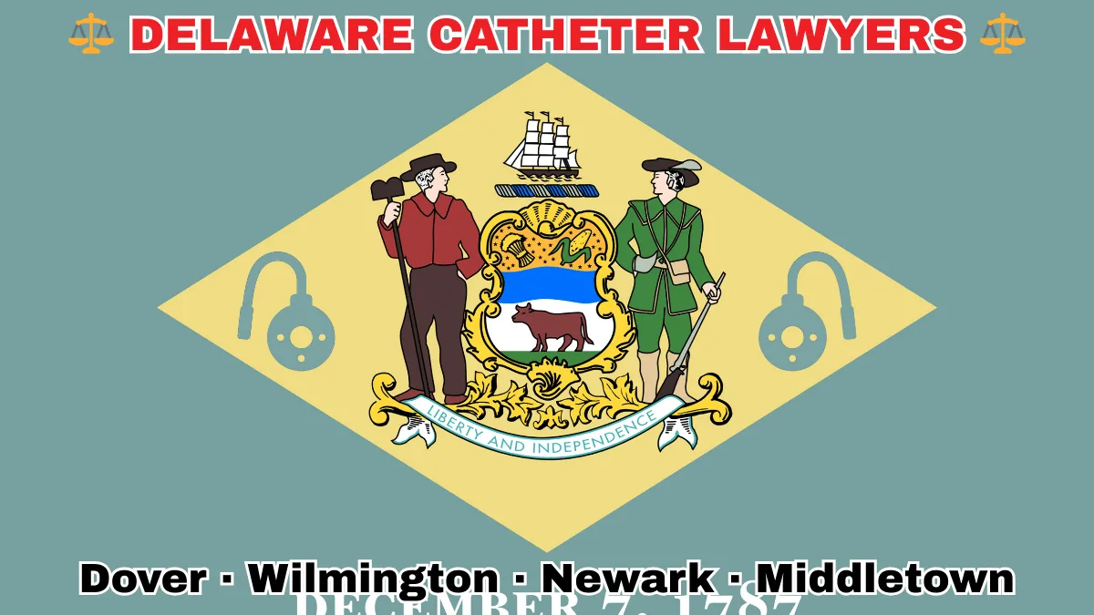 DELAWARE CATHETER LAWYERS: Dover, Wilmington, Newark, and Middletown text on DE state flag adorned with port implants depicted near a coat of arms and 1787 date