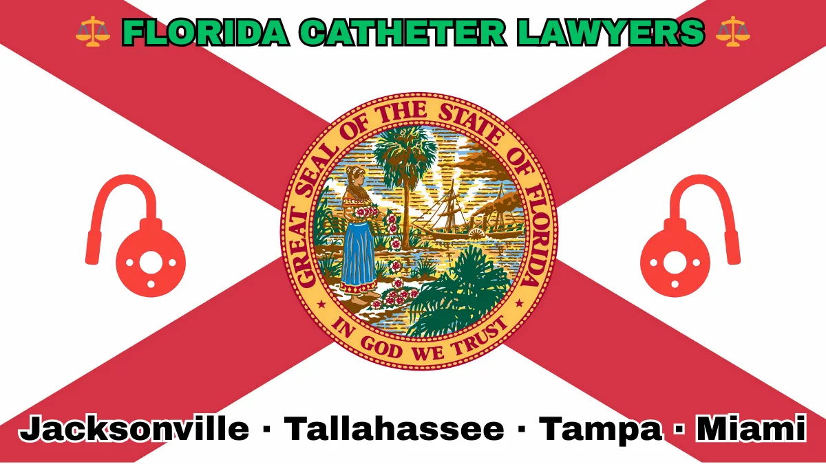 FLORIDA CATHETER LAWYERS: Jacksonville, Tallahassee, Tampa, and Miami text on FL state flag adorned with port implants depicted near a red cross and SEAL of a Seminole woman scattering flowers by a shoreline with a boat, palm trees, and sunlight.
