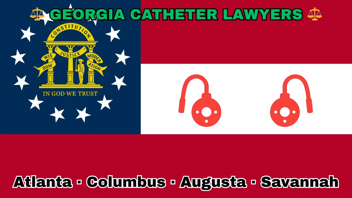 GEORGIA CATHETER LAWYERS: Atlanta, Columbus, Augusta, and Savannah text on GA state flag adorned with port implants depicted near a gold arch on blue canton with three pillars and 13 white stars, next to three thick red and white stripes.