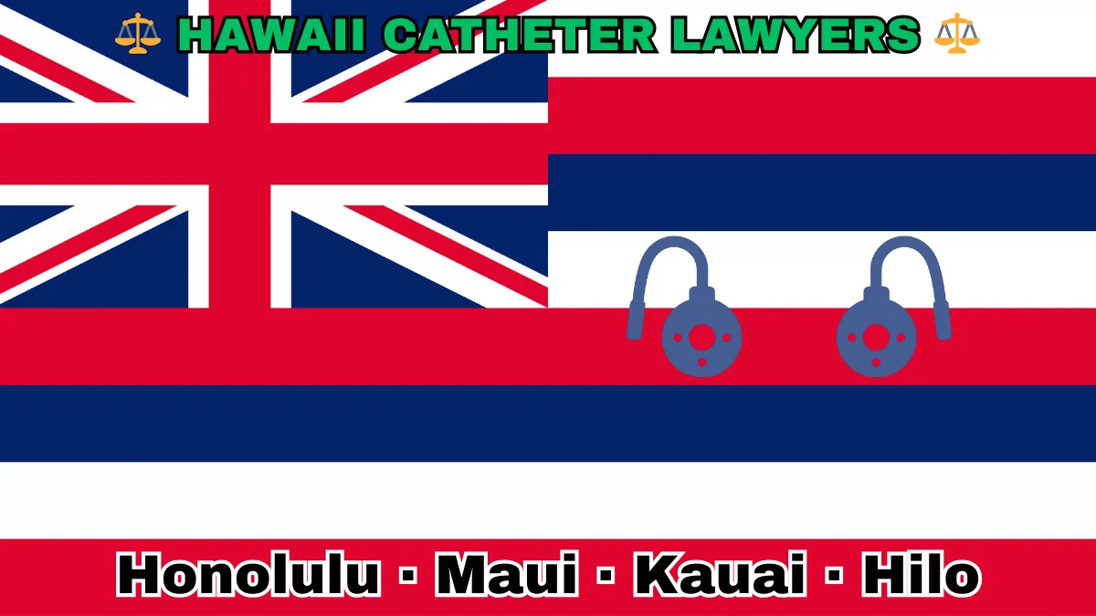HAWAII CATHETER LAWYERS: Honolulu, Maui, Kauai, and Hilo text on HI state flag adorned with port implants depicted near a Union Jack featuring eight red, white, and blue stripes