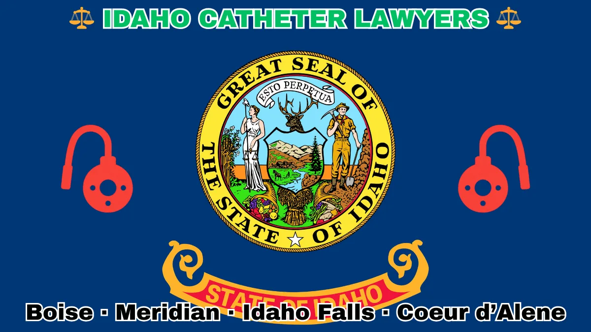 IDAHO CATHETER LAWYERS: Boise, Meridian, Idaho Falls, and Coeur d’Alene text on ID state flag adorned with port implants depicted on a blue field near the official seal and banner