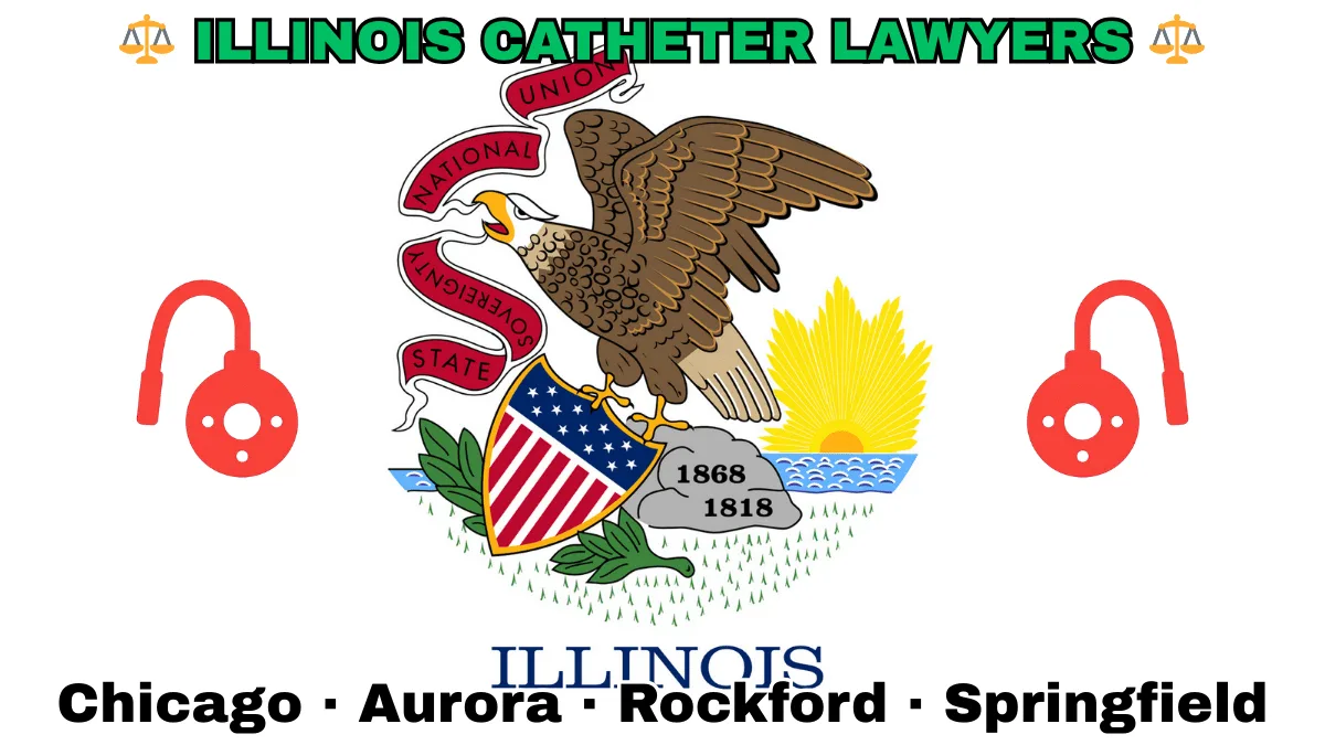 ILLINOIS CATHETER LAWYERS: Chicago, Aurora, Rockford, and Springfield text on IL state flag adorned with port implants depicted near a bald eagle perched on a rock and holding a shield, as the sun shines bright.