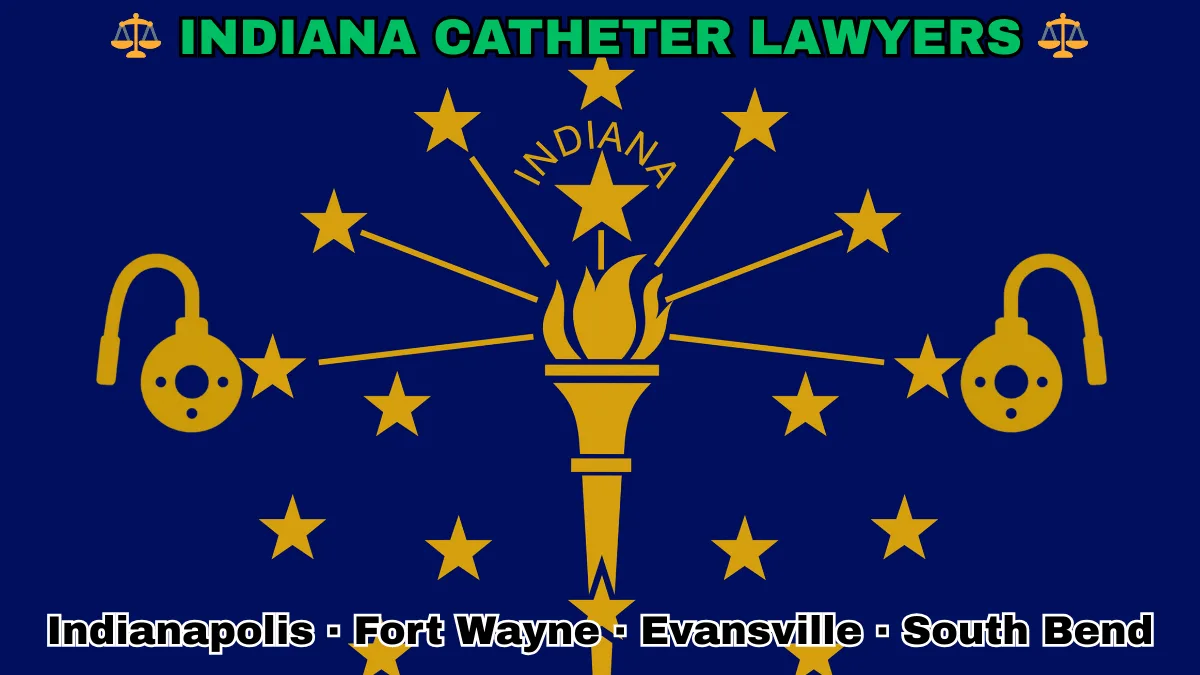 INDIANA CATHETER LAWYERS: Indianapolis, Fort Wayne, Evansville, and South Bend text on IN state flag adorned with port implants depicted near a gold torch and stars.