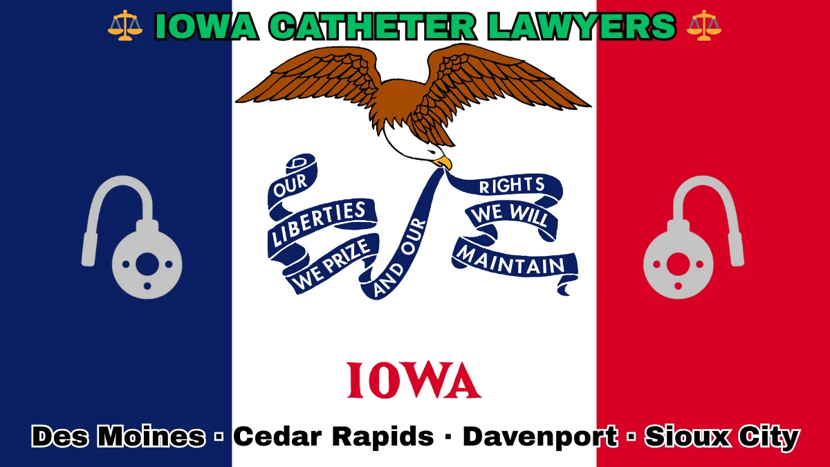 IOWA CATHETER LAWYERS: Boise, Meridian, Idaho Falls, Coeur d'Alene text on IA state flag adorned with port implants depicted along blue, white, and red vertical stripes near an eagle and banner