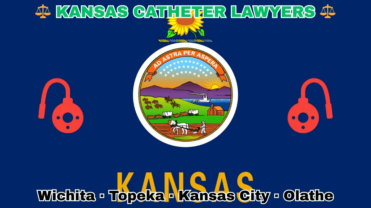 KANSAS CATHETER LAWYERS: Wichita, Kansas City, Olathe, and Topeka text on KS state flag adorned with port implants depicted on a blue background near the official seal and a sunflower emblem