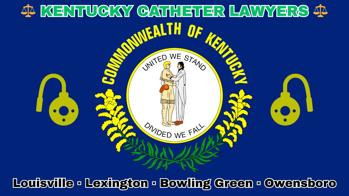 KENTUCKY CATHETER LAWYERS: Louisville, Lexington, Bowling Green, and Owensboro text on KY state flag adorned with port implants depicted on a blue field near the official seal and “UNITED WE STAND” motto