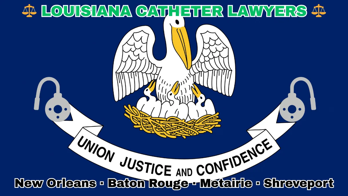 LOUISIANA CATHETER LAWYERS: New Orleans, Baton Rouge, Metairie, and Shreveport text on LA state flag adorned with port implants depicted near a pelican feeding chicks with motto “UNION, JUSTICE, CONFIDENCE"