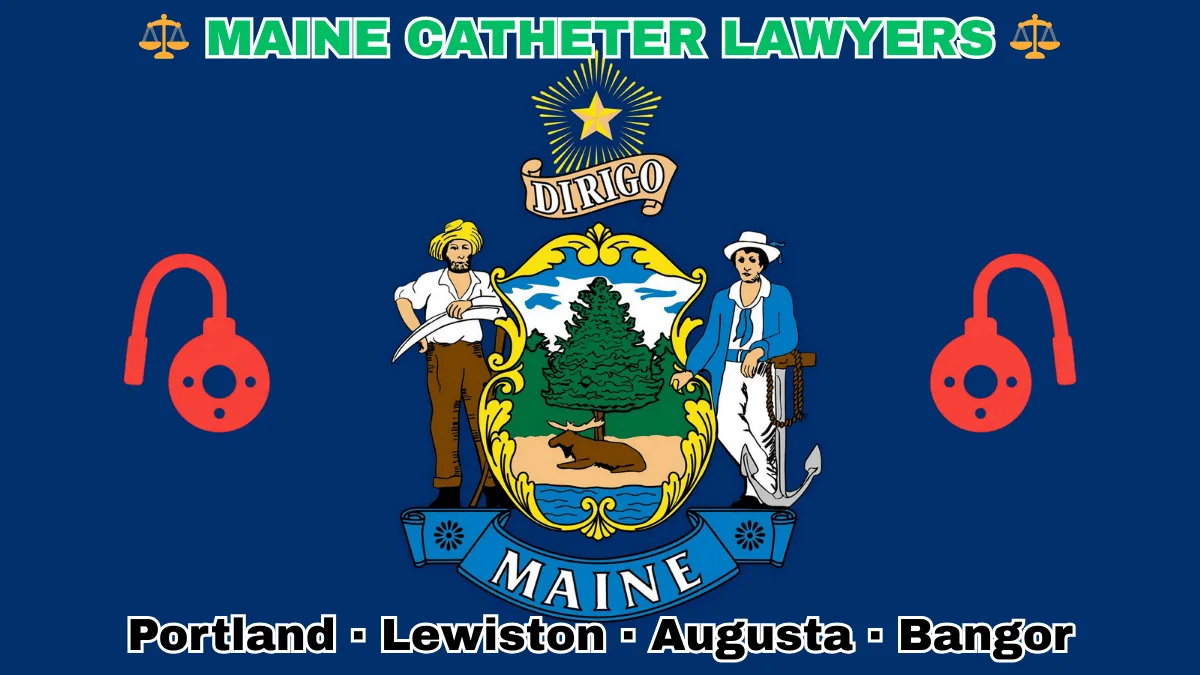 MAINE CATHETER LAWYERS: Portland, Lewiston, Augusta, and Bangor text on ME state flag adorned with port implants depicted on a blue field near a shield, pine tree, moose, and “DIRIGO” motto