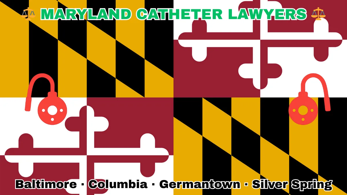 MARYLAND CATHETER LAWYERS: Baltimore, Columbia, Germantown, and Silver Spring text on MD state flag adorned with port implants depicted near red and white crosses, and black and gold checkered Calvert arms.