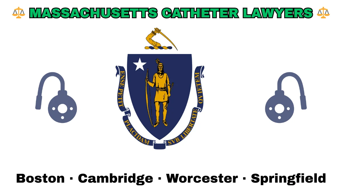 MASSACHUSETTS CATHETER LAWYERS: Boston, Cambridge, Worcester, and Springfield text on MA state flag adorned with port implants depicted near a shield featuring a Native American person with bow and arrow under a star and sword.