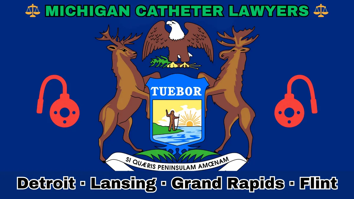 MICHIGAN CATHETER LAWYERS: Detroit, Lansing, Grand Rapids, and Flint text on MI state flag adorned with port implants depicted near an elk, moose and bald eagle flanking a shield featuring a man standing on a sunny lake with a raised hand and rifle.
