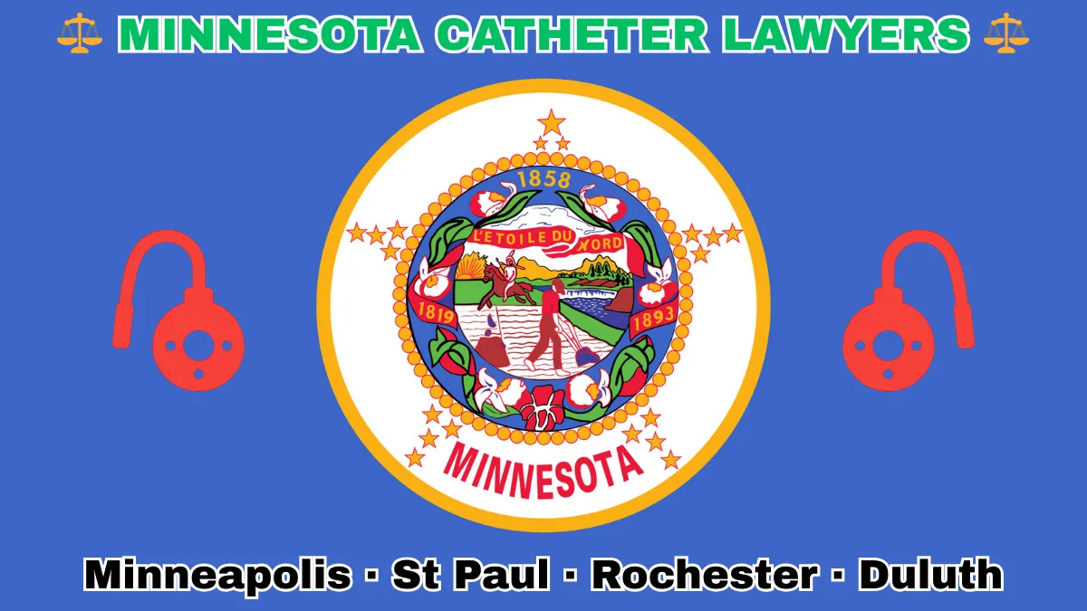 MINNESOTA CATHETER LAWYERS: Minneapolis, St Paul, Rochester, and Duluth text on MN state flag adorned with port implants depicted on blue background near the official seal featuring a wreath of pink-and-white lady’s slippers