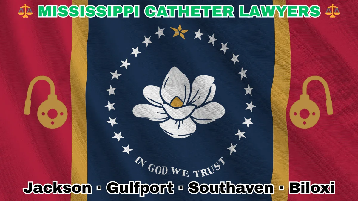 MISSISSIPPI CATHETER LAWYERS: Jackson, Gulfport, Southaven, and Biloxi text on MS state flag adorned with port implants depicted along red, gold, and blue stripes near magnolia blossom and stars