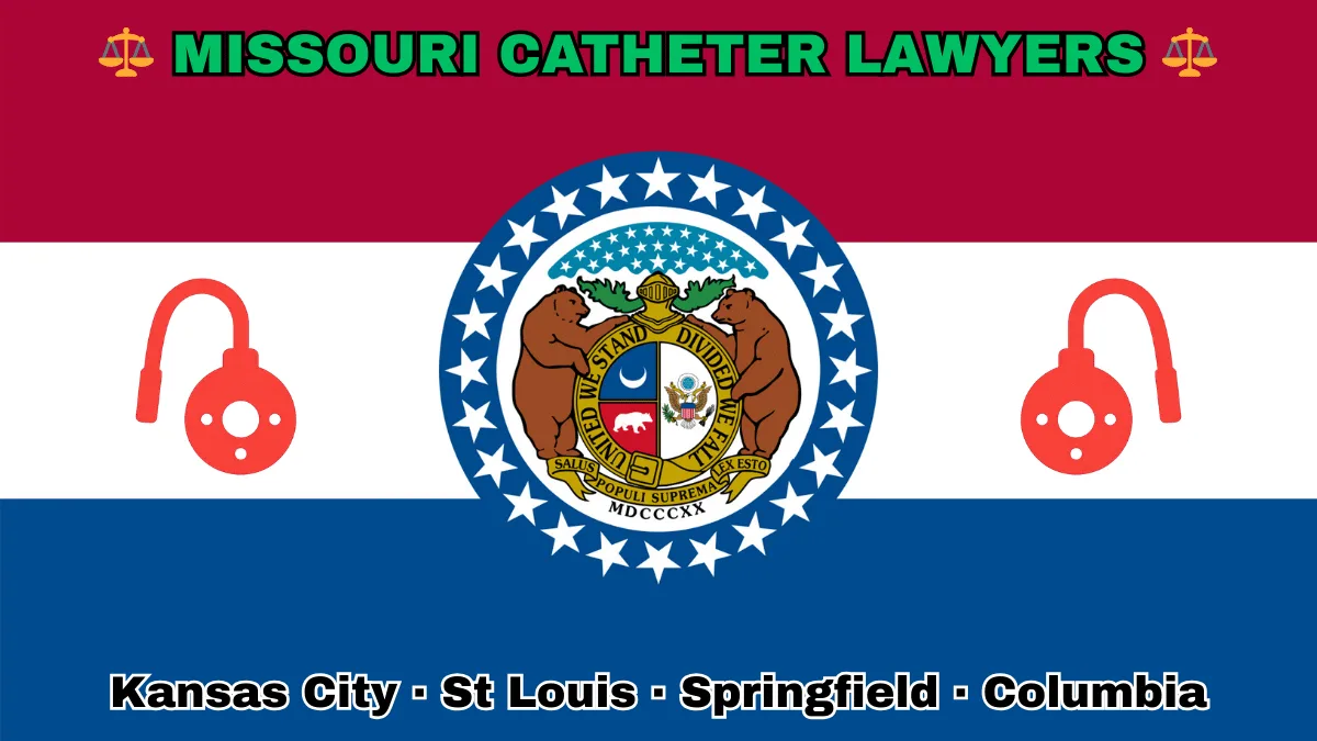 MISSOURI CATHETER LAWYERS: Kansas City, St Louis, Springfield, and Columbia text on MO state flag adorned with port implants depicted near a ring of stars featuring two grizzly bears, a shield, and crescent moon, all on a red, white and blue background.