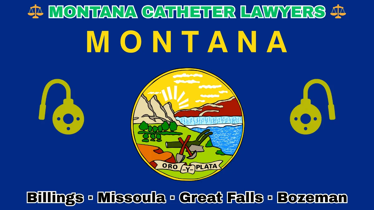 MONTANA CATHETER LAWYERS: Billings, Missoula, Great Falls, and Bozeman text on MT state flag adorned with port implants depicted on a blue field near official seal featuring a plow and mountains