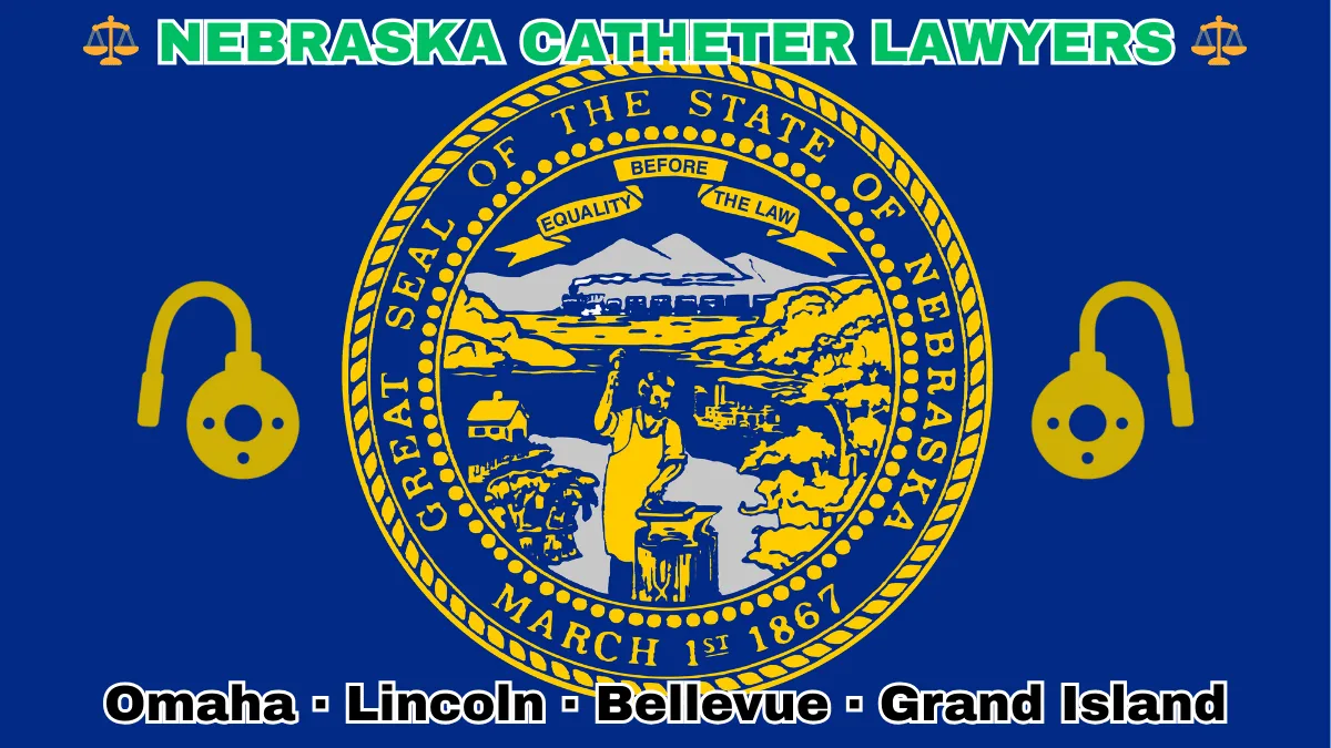 NEBRASKA CATHETER LAWYERS: Omaha, Lincoln, Bellevue, and Grand Island text on NE state flag adorned with port implants depicted on a dark blue field near the official seal in gold