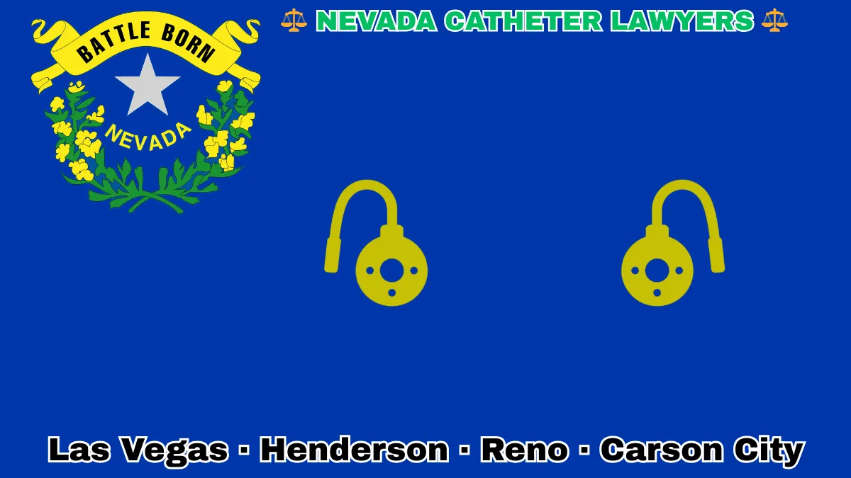NEVADA CATHETER LAWYERS: Las Vegas, Henderson, Reno, and Carson City text on NV state flag adorned with port implants depicted on a blue field near a silver star and “BATTLE BORN” motto