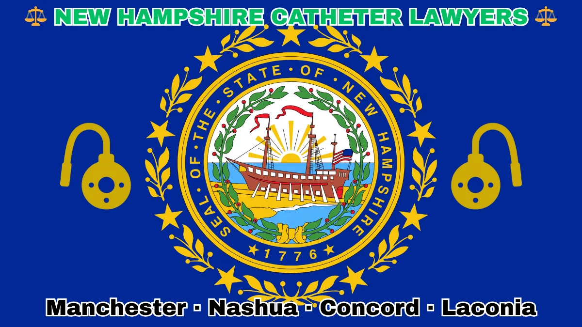 NEW HAMPSHIRE CATHETER LAWYERS: Manchester, Nashua, Concord, and Laconia text on NH state flag adorned with port implants depicted on blue field near a Portsmouth's frigate encircled by laurel leaves and stars