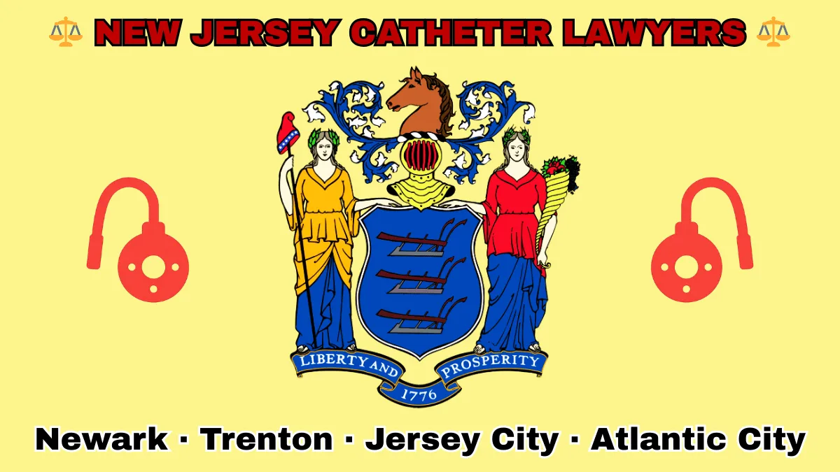 NEW JERSEY CATHETER LAWYERS: Newark, Trenton, Jersey City, and Atlantic City text on NJ state flag adorned with port implants depicted near a shield with three plows, the goddesses Liberty and Ceres, and a horse head.