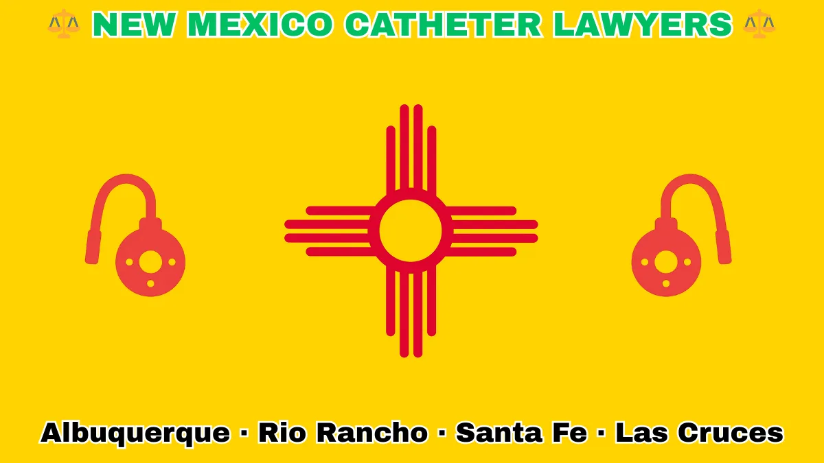 NEW MEXICO CATHETER LAWYERS: Albuquerque, Rio Rancho, Santa Fe, and Las Cruces text on NM state flag adorned with port implants depicted on a yellow background near a red Zia sun symbol