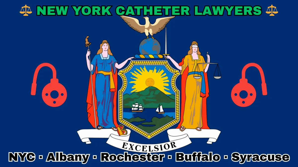 NEW YORK CATHETER LAWYERS: NYC, Albany, Rochester, Buffalo, and Syracuse text on NY state flag adorned with port implants depicted near Liberty and Justice holding a sword and scales, an eagle atop a globe, and a shield featuring the sun shining over the mountains onto Hudson River boaters.