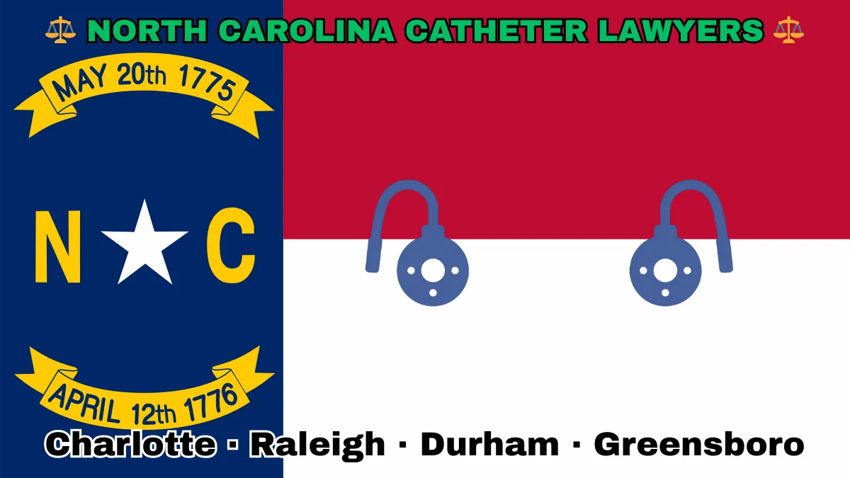 NORTH CAROLINA CATHETER LAWYERS: Charlotte, Raleigh, Durham, and Greensboro text on NC state flag adorned with port implants depicted near a star along blue, red and white color blocks.