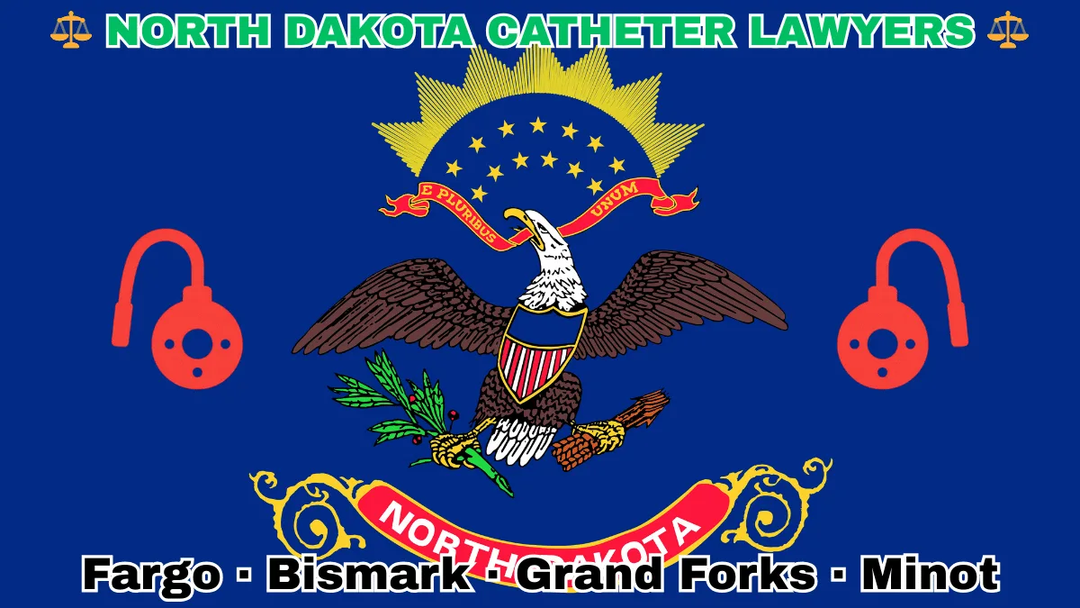 NORTH DAKOTA CATHETER LAWYERS: Fargo, Bismark, Grand Forks, and Minot text on ND state flag adorned with port implants depicted on a blue field near a bald eagle, ribbon, and shield.